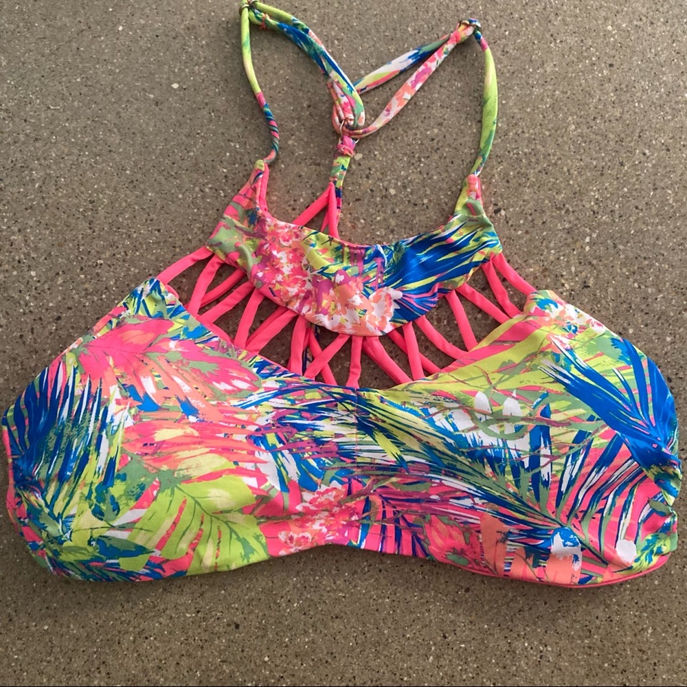Neon tropical swim suit top. High neck with detail around neck. Small.